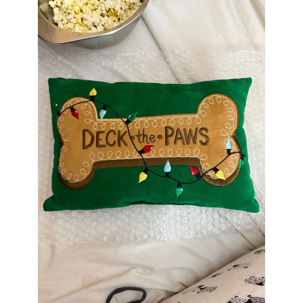 Deck the Paws Christmas Dog Bone Lumbar Pillow Green Velvet Festive Decor 12x8
